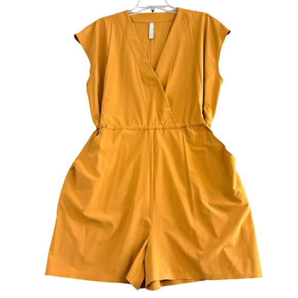 ATHLETA Marlow Tuscan Gold V-Neck Lightweight Dress Romper Tie Waist Pockets - Picture 2 of 11